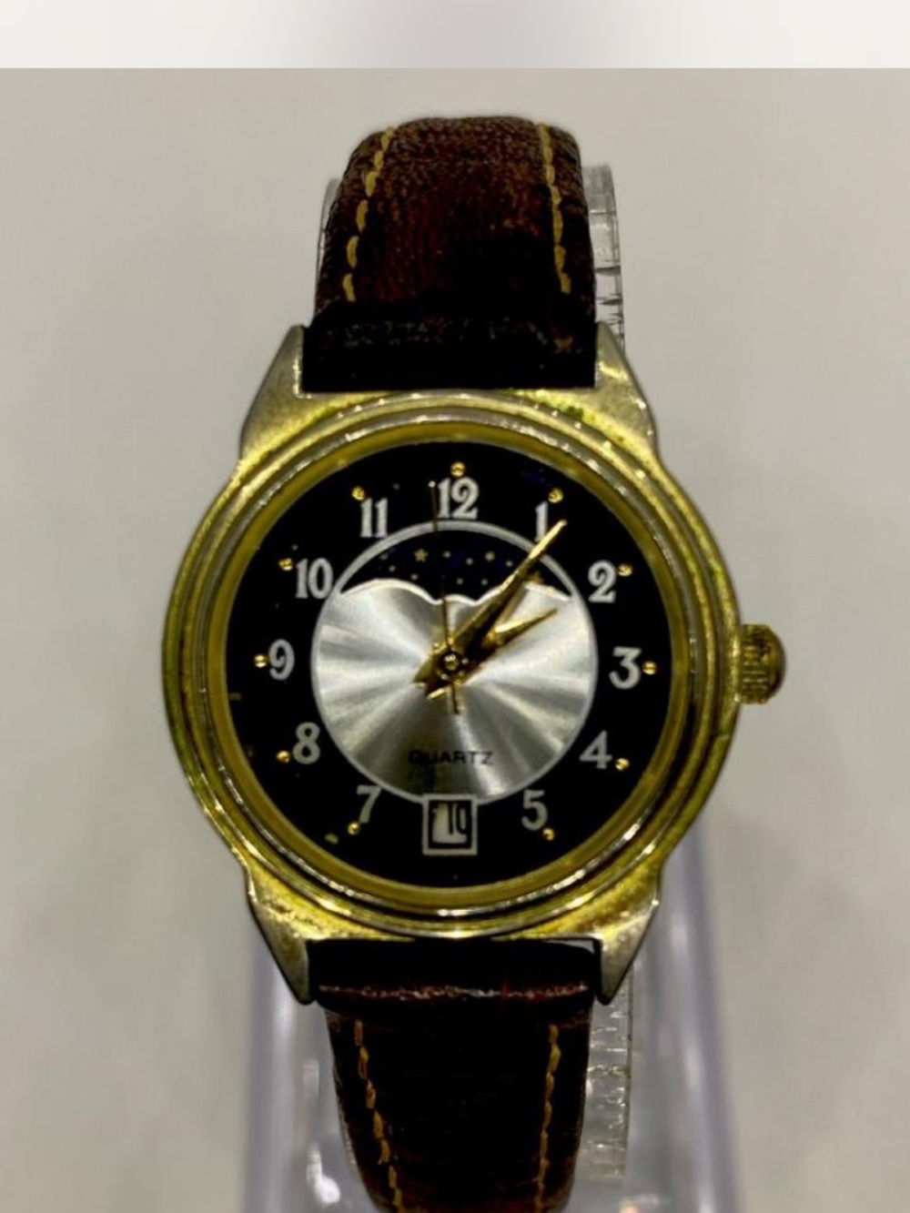 Designer * Moon Phase ^^^ Gold-Tone Quartz Dress Watch / Tan Leather Strap ***